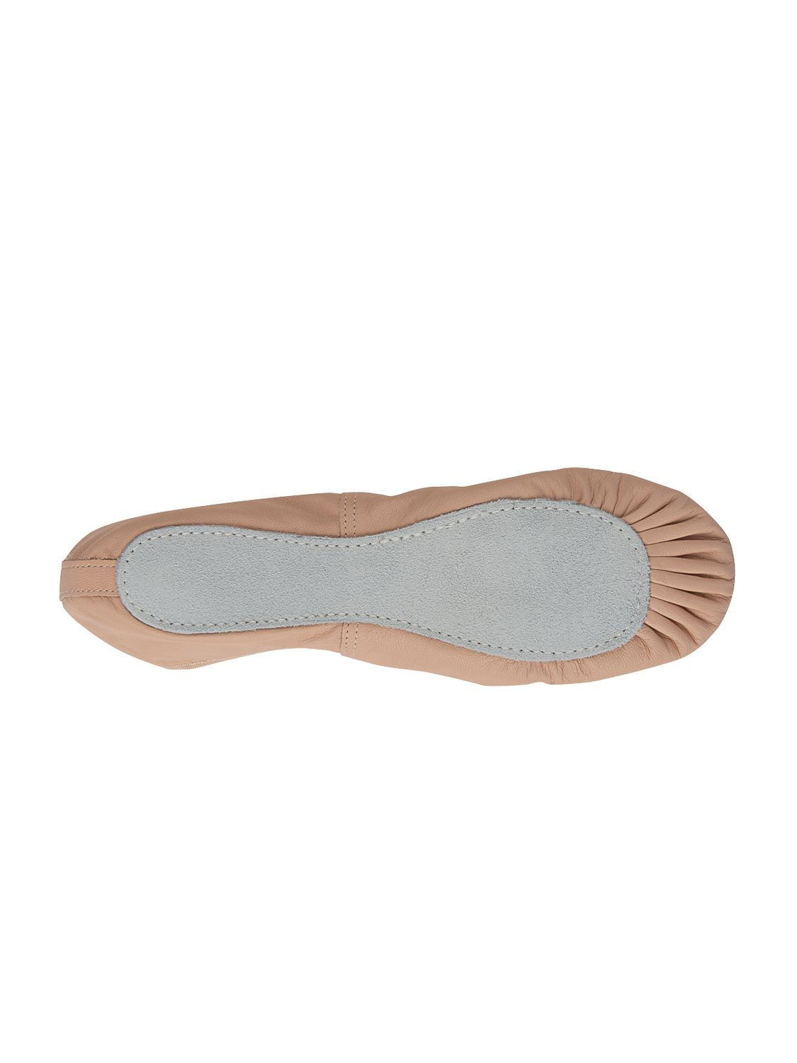 Unteransicht eines Rumpf 1000 Ballettschläppchens Leder in Rosa mit grauer Sohle und gerafften Kanten, die Flexibilität zeigen.